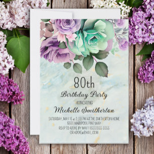 Mintgrün lila Blumen-Schmetterling 80. Geburtstag  Einladung