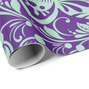 Mintgrüne barocke Blumenmuster auf Lila Geschenkpapier