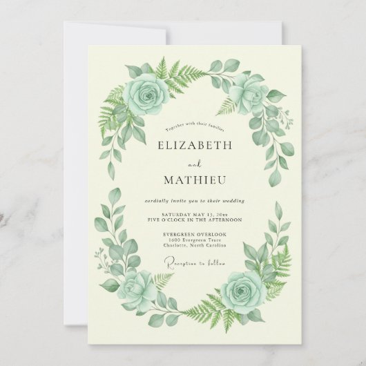 Mintgrüne florale Hochzeit Einladung (Vorderseite)