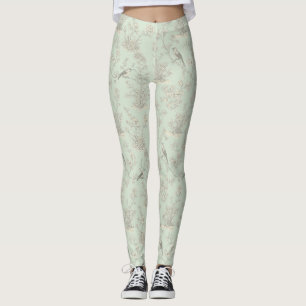 Mintgrüne französische Country-Vögel und florale T Leggings