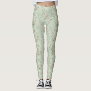 Mintgrüne französische Country-Vögel und florale T Leggings