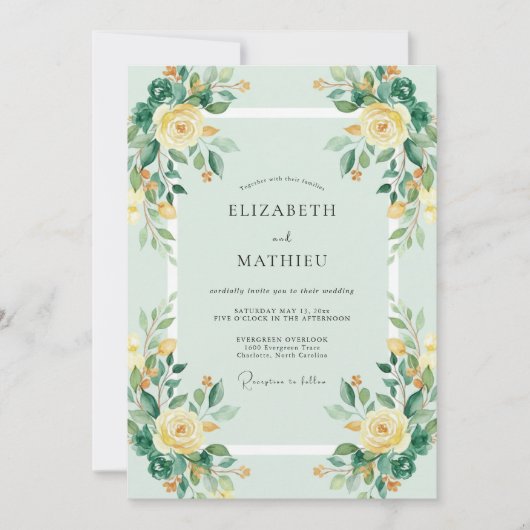 Mintgrüne lebhafte florale Hochzeit Einladung (Vorderseite)