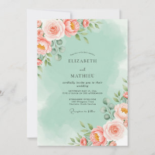 Mintgrüne leuchtende Hochzeit mit floralen Motiven Einladung