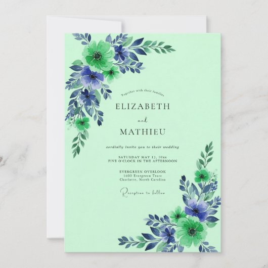 Mintgrüne makellose botanische Hochzeit Einladung (Vorderseite)