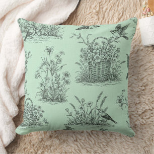 Mintgrüne pastorale Toile mit Vögeln und Blüten Kissen