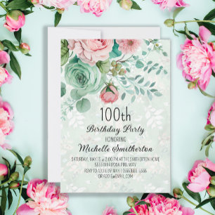 Mintgrüne rosa florale Schmetterlinge Geburtstag Einladung