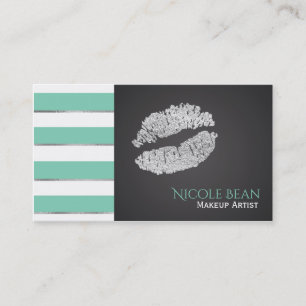 Mintgrüne Streifen Faux Silber Glanz Lippen Chic Visitenkarte