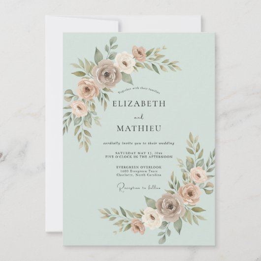 Mintgrüne subtile botanische Hochzeit Einladung (Vorderseite)