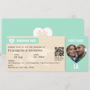 Mintgrüne und Champagnerfarbene Boarding-Pass-Hoch Einladung