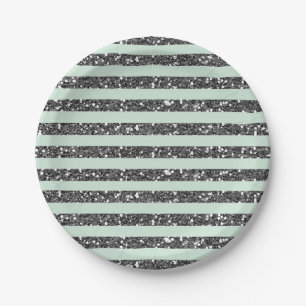 Mintgrüne und silberne Glitter-Streifen-Party Pappteller