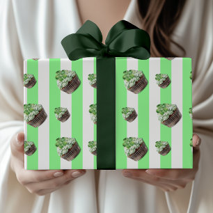 Mintgrüne Vintage gestreifte Kleeblatt-Cupcake-Ver Geschenkpapier