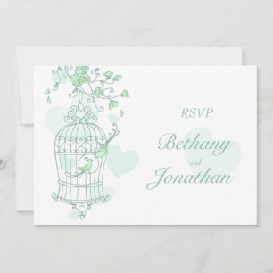 Mintgrüne Vögel öffnen Hochzeitskäfig-Zusage Einladung