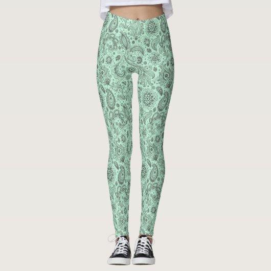 Mintgrüner Batik-Boho-Stil Blumen-Paisley-Muster Leggings (Vorderseite)