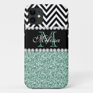 MINTGRÜNER GLITZER SCHWARZES CHEVRON-MONOGRAMM Case-Mate iPhone HÜLLE