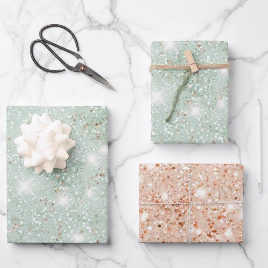 Mintgrüner Pfirsich-Faux-Glitter-Geburtstag Geschenkpapier Set (Vorderseite)
