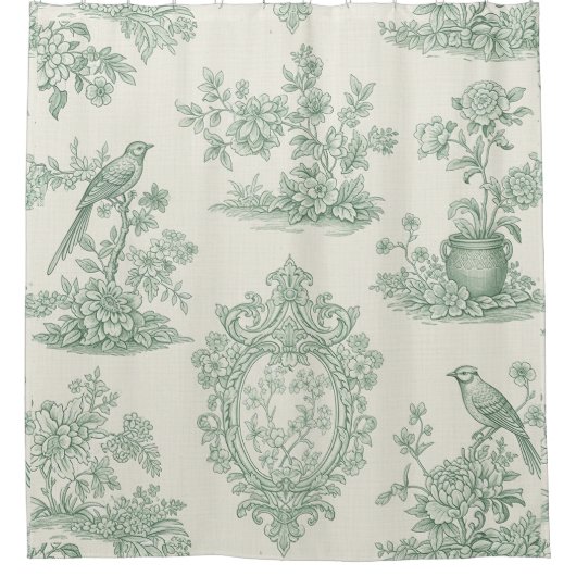 Mintgrünes Toile-Blumen- und Vogel-Muster Duschvorhang (Vorderseite)
