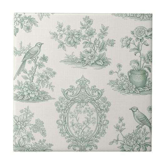 Mintgrünes Toile-Blumen- und Vogel-Muster Fliese (Vorderseite)