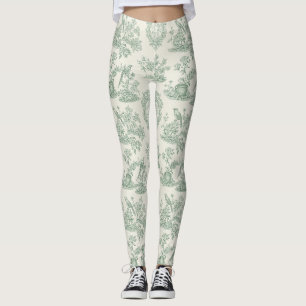 Mintgrünes Toile-Blumen- und Vogel-Muster Leggings