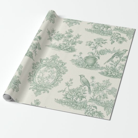 Mintgrünes Toile-Blumen- und Vogelmuster Geschenkpapier (Ungerollt)