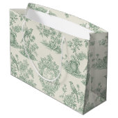Mintgrünes Toile-Blumen- und Vogelmuster Große Geschenktüte (Rückseite Schrägansicht)