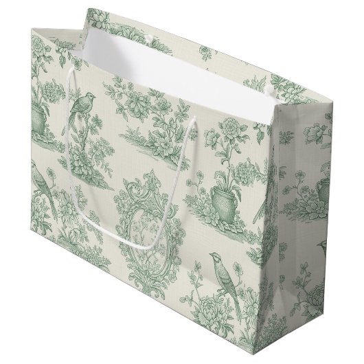 Mintgrünes Toile-Blumen- und Vogelmuster Große Geschenktüte (Vorderseite Schrägansicht)