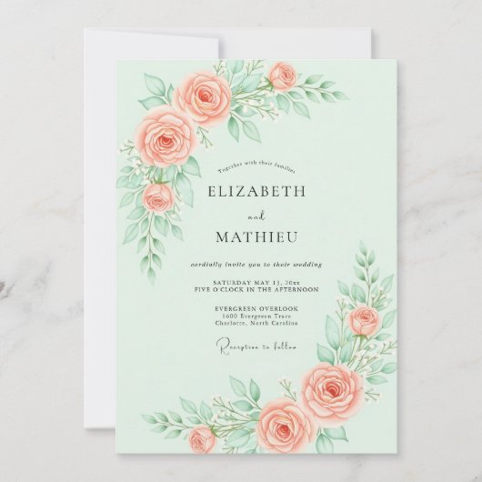 Mintsgrüne elegante Rosenhochzeit Einladung (Vorderseite)