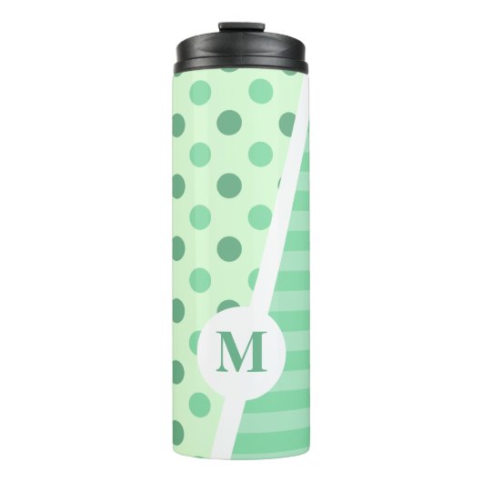 Minty Fresh Blue Polka Dots and Stripes: Monogramm Thermosbecher (Vorderseite)
