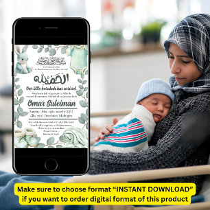 Minty Green Baby Stuff Muslim Geburtsankündigung Einladung