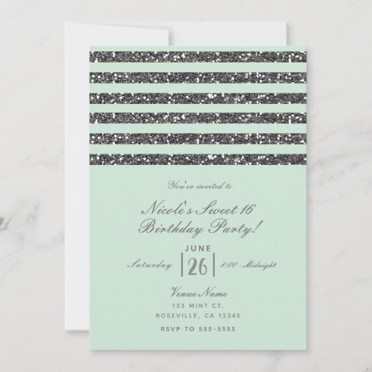Minty Minze Green & Silver Glitzer Streifen Party Einladung (Vorderseite)