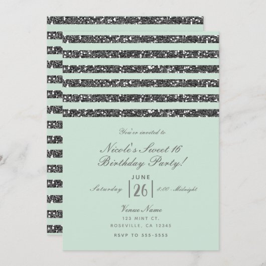 Minty Minze Green & Silver Glitzer Streifen Party Einladung (Vorne/Hinten)