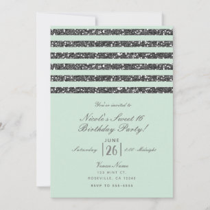 Minty Minze Green & Silver Glitzer Streifen Party Einladung