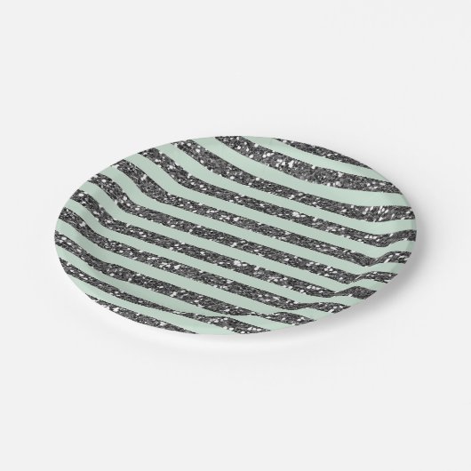 Minty Minze Green & Silver Glitzer Streifen Party Pappteller (Schrägansicht)