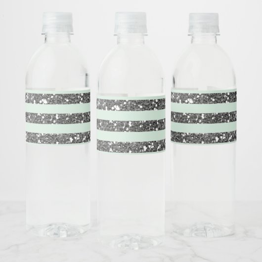 Minty Minze Green & Silver Glitzer Streifen Party Wasserflaschenetikett (Flaschen)