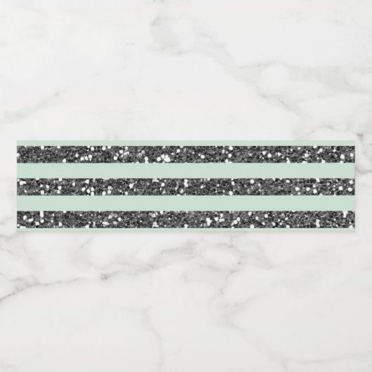 Minty Minze Green & Silver Glitzer Streifen Party Wasserflaschenetikett (Einzelnes Label)