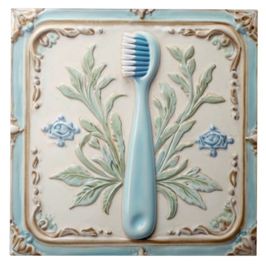 Minz Blau & Weiß Zahnbürste Funny Bad Tile Fliese (Vorderseite)