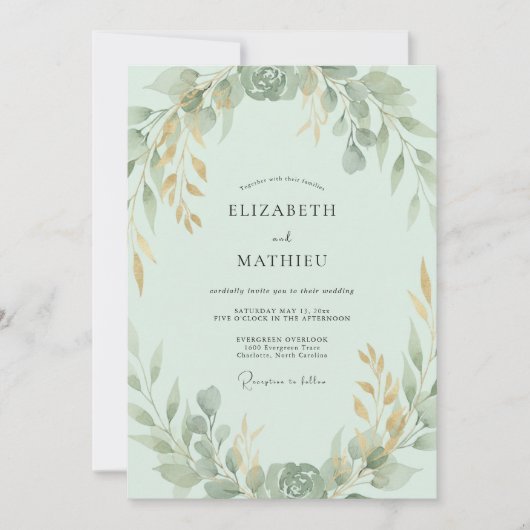 Minz-Gold-Blatt-Hochzeit Einladung (Vorderseite)
