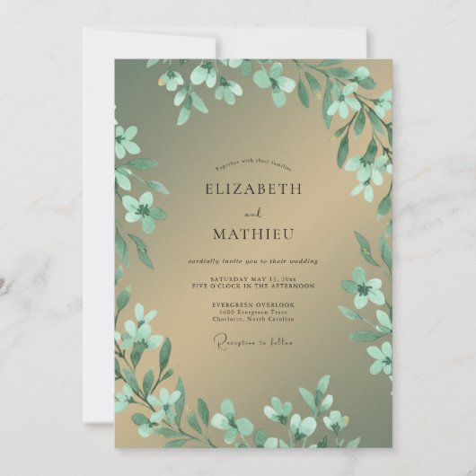 Minz-Gold-Laub-Eukalyptus-Hochzeit Einladung (Vorderseite)