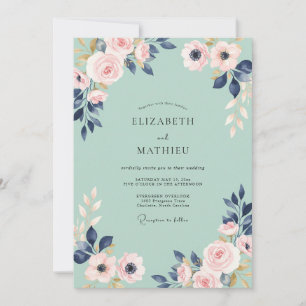 Minz-Indigo-Blüten-Hochzeit Einladung