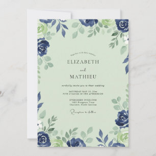 Minz-Kobalt-Blüten-Hochzeit Einladung