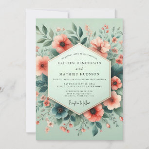 Minz-Korallen-Aquarell-Blütenhochzeit Einladung