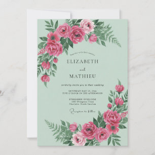 Minz Magenta Pfingstrosen-Hochzeit Einladung