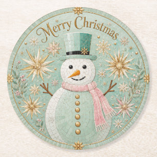 Minz-Mosaik-Schneemann-Weihnachtsfreude Runder Pappuntersetzer