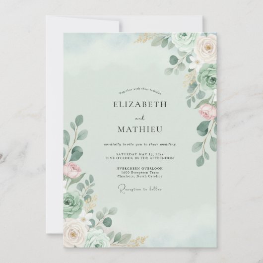 Minz-Rosa-Eukalyptus-Hochzeit Einladung (Vorderseite)