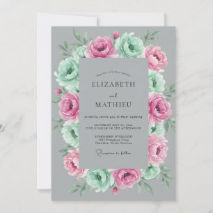 Minz-Rosa-Graue Botanische Hochzeit Einladung