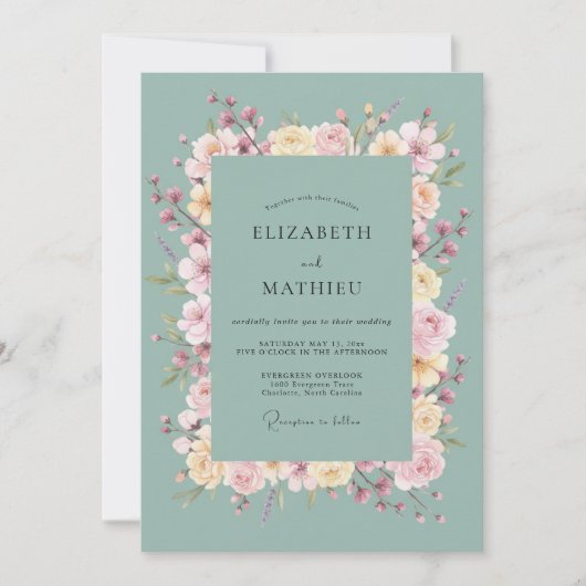 Minz-Rosé-Blumenbogen-Hochzeit Einladung (Vorderseite)