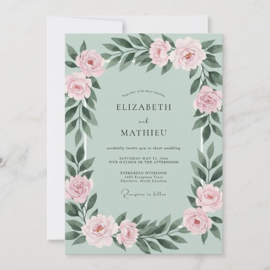 Minz-Rosé-Hochzeit Einladung (Vorderseite)