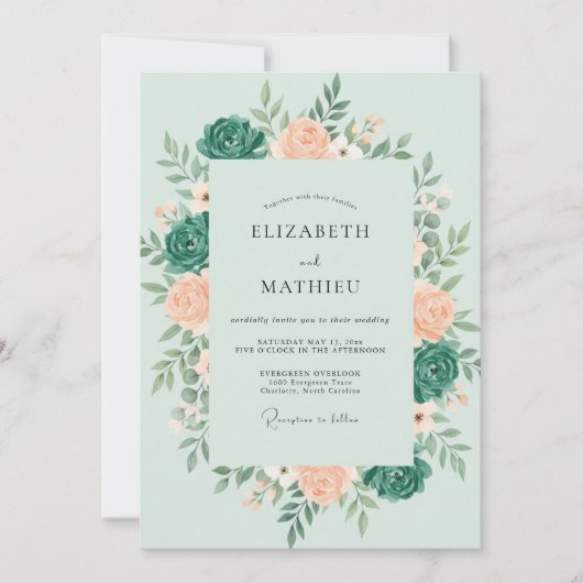Minz-Teal-Botanical-Hochzeit Romantisch Einladung (Vorderseite)