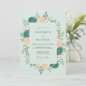 Minz-Teal-Botanical-Hochzeit Romantisch Einladung (Stehend Vorderseite)