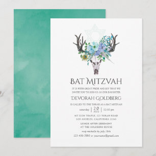 Minz- und Blaue Aquarell-Boho-Floral-Bat-Mizwa Einladung