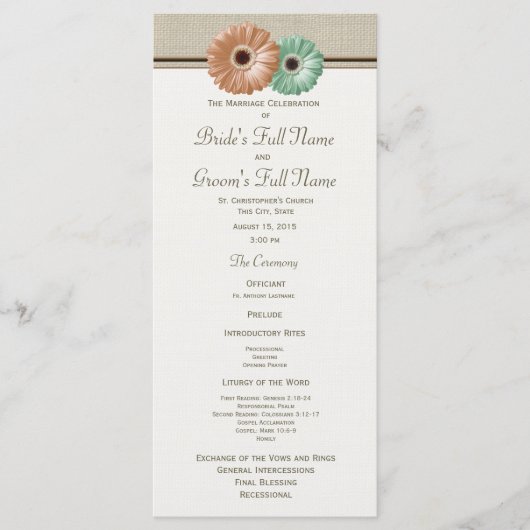 Minz- und Pfirsich-Gerbera-Daisy-Hochzeitsprogramm Programm (Vorderseite)